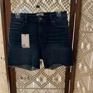 PAIGE Dark Indigo Frayed Hem Denim Shorts